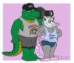 anthro black_baseball_cap blue_briefs blue_clothing blue_eyes blue_sclera blue_text blue_underwear border bottomwear briefs camera clothing duo eyelashes fur green_body green_eyes green_scales grey_body grey_bottomwear grey_clothing grey_fur grey_shirt grey_shorts grey_tank_top grey_topwear holding_camera holding_object humor lgbt_pride male musclegut muscular pink_background pun purple_background rainbow rainbow_text scales shirt shorts simple_background tank_top teeth_showing text topwear underwear whiskers white_border white_text brucebadger gary_(brucebadger) zachary_(brucebadger) alligator alligatorid american_opossum crocodilian mammal marsupial reptile scalie virginia_opossum english_text hi_res