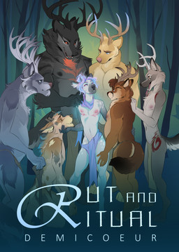 anthro antlers black_body black_fur black_nose black_sclera blue_eyes bottomwear broken_antler brown_body brown_eyes brown_fur cane canine_tail caressing_chin claws clothed clothing dappled_fur digitigrade eager ears_back elderly elderly_male excited excited_expression finger_claws forest fur grey_body grey_fur group hair hand_on_hip hand_on_shoulder highlights_(coloring) horn kneeling lean_body loincloth loincloth_only makeup male markings mastectomy_scar mature_male navel nipples open_mouth open_smile orange_eyes pink_nose pivoted_ears plant purple_hair scar sharp_teeth size_difference slightly_chubby slightly_chubby_male smile spots spotted_body spotted_fur striped_body striped_fur stripes surrounded surrounded_by_males swirl_(marking) tail teeth text tongue tongue_out topless tree demicoeur clove_(demicoeur) canid canine canis deer hybrid mammal wolf artist_name comic cover cover_art cover_page hi_res trans_(lore) trans_man_(lore)