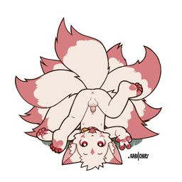 anthro balls bell bell_collar blep collar femboy genitals gesture grass hand_gesture male navel nipples pawpads penis plant red_eyes solo tongue tongue_out upside_down v_sign young young_anthro young_male capnkabi akito_(capnkabi) canid canine fox fox_spirit mammal 1:1 2026 english_description
