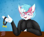 anthro blue_body blue_fur collar dipstick_ears ear_markings fur latex male multicolored_body multicolored_ears multicolored_fur pink_body pink_fur purple_eyes sassy slim solo white_body white_fur shade_art koko domestic_cat felid feline felis mammal watermark