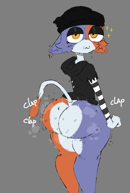anthro big_butt black_clothing black_hat black_headwear black_hoodie black_topwear bodily_fluids bottom_heavy bottomless brown_body brown_fur butt cat_smile cheek_tuft clothed clothing dipstick_tail ear_piercing eyelashes facial_tuft female fur grey_background hat headgear headwear hoodie looking_at_viewer markings piercing purple_body purple_fur rear_view simple_background solo sound_effects sparkles sweat tail tail_markings text thick_thighs topwear tuft white_body white_fur wide_hips yellow_eyes dibujobienraro epic_games fortnite meow_skulls domestic_cat felid feline felis mammal hi_res