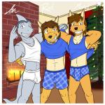 1:1 anthro beard boxers_(clothing) briefs bulge button_boxers button_underwear canid canine canis christmas christmas_lights clothed clothing clothing_lift coyote facial_hair father_(lore) father_and_child_(lore) father_and_son_(lore) fish fuze group hand_behind_head hi_res holidays ian_dela_cruz looking_at_viewer male mammal marine matching_clothing matching_outfits matching_underwear midriff mond_reyes navel parent_(lore) parent_and_child_(lore) parent_and_son_(lore) pattern_clothing pattern_underwear rod_reyes shark shirt shirt_lift smile son_(lore) t-shirt tank_top texnatsu tighty_whities topwear underwear white_briefs white_clothing white_underwear