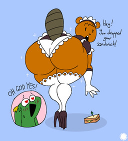 4_fingers anthro armwear big_butt blush blush_lines bodily_fluids brown_body brown_fur bubble_butt buckteeth butt clothed clothing crossdressing curvy_figure dialogue duo elbow_gloves eyelashes femboy fingers food footwear frilly frilly_clothing frilly_panties frilly_underwear fur gloves green_body handwear head_tuft heart_eyes heart_symbol high_heels legwear logo looking_back maid_uniform male panties presenting presenting_hindquarters raised_tail rear_view sandwich_(food) scales shoes star_emanata stockings sweat sweatdrop tail teeth text thick_thighs tuft underwear uniform wide_hips thatdawgmurray beaver_and_steve beaver_(beaver_and_steve) steve_(beaver_and_steve) beaver lizard mammal reptile rodent scalie aliasing artist_logo artist_name digital_media_(artwork) english_text hi_res signature