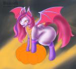 bat_wings clothing fangs female feral food footwear fruit hair legwear long_hair membrane_(anatomy) membranous_wings multicolored_hair plant pumpkin socks solo teeth two_tone_hair wings weasselk hasbro my_little_pony arrhythmia fan_character bat_pony equid hybrid mammal 2015 unfinished