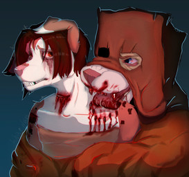 anthro bite blood blood_spray bodily_fluids crying dominant duo fangs female flesh gore male male/female neck_bite scratches tears teeth white2noise1 isha_(character) karls_(character) canid canine mammal story story_in_description