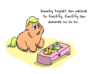 ambiguous_feral ambiguous_gender baby_talk black_eyes bodily_fluids crying dialogue feral fur green_hair green_tail hair hooves narrowed_eyes open_mouth sad simple_background sitting solo tail tan_body tan_fur tears text toy_block young young_ambiguous young_feral carpdime fluffy_pony fluffy_pony_(species) mammal digital_media_(artwork) english_text shaded