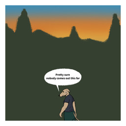 anthro black_clothing black_shirt black_t-shirt black_topwear bodily_fluids border bottomwear clothing female forest fur green_bottomwear green_clothing green_pants nervous orange_sky pants plant shirt simple_background sky solo speech_bubble sunset sweat sweatdrop t-shirt tan_body tan_fur text topwear tree white_border yellow_eyes oystr lily_(oystr) canid canine canis domestic_dog hunting_dog mammal sighthound 1:1 english_text hi_res