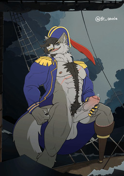 abs anthro balls belly_hair bodily_fluids body_hair chest_hair clothed clothing ear_piercing electricity erection eyebrow_piercing facial_piercing genital_fluids genitals glans gold_(metal) gold_tooth happy_trail hat headgear headwear jacket lightning male masturbation muscular muscular_anthro muscular_male nipple_piercing nipples nose_piercing open_clothing open_topwear pecs pegleg penis piercing pirate precum precum_on_penis pubes saggy_balls sharp_teeth ship smile solo storm tail teeth teeth_showing topwear vehicle vein veiny_penis watercraft annietaylor canid canine mammal animated hi_res