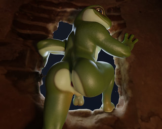 4_fingers anthro anus backsack balls brown_eyes butt countershade_torso countershading erection fingers genitals green_body looking_at_viewer looking_back looking_back_at_viewer male nude penis smile solo no-name-no-problem amphibian frog 3d_(artwork) 5:4 digital_media_(artwork) hi_res