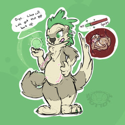 ambiguous_gender anthro black_pawpads blush brown_body brown_fur claws cutaway dipstick_tail duo ellipsis eyes_closed facial_piercing female fur gameplay_mechanics green_background green_eyes green_hair gui hair healing_magic healing_vore health_bar inside_stomach internal larger_female logo markings narrowed_eyes nose_piercing nose_ring oral_vore outline pawpads piercing ring_piercing rumbling_stomach simple_background size_difference smaller_ambiguous sound_effects speech_bubble standing tail tail_markings talking_to_another talking_to_prey tan_body tan_fur text vore white_outline spottott penny_(spottott) spotter_(spottott) domestic_ferret mammal mustelid musteline otter true_musteline weasel 1:1 2024 artist_logo artist_name dated english_text hi_res male_(lore)