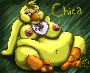 alternate_species anthro big_breasts breasts female furrification looking_at_viewer morbidly_obese morbidly_obese_anthro morbidly_obese_female navel nipples non-mammal_breasts non-mammal_nipples obese obese_anthro obese_female overweight overweight_anthro overweight_female sitting solo text nidopug five_nights_at_freddy's scottgames chica_(fnaf) avian bird chicken galliform phasianid 2015 character_name digital_media_(artwork) english_text signature
