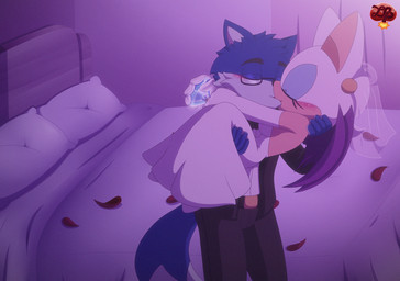 anthro bed blush bottomwear breasts carrying_another carrying_partner clothed clothing dress duo eyelashes eyes_closed eyeshadow female flower footwear fur furniture gem holding_gem holding_object husband_and_wife kissing makeup male male/female married_couple membrane_(anatomy) membranous_wings pants petals pillow plant romantic romantic_ambiance romantic_couple rose_petals smile standing suit tail wedding_dress wings ladycherrybomba sega sonic_the_hedgehog_(series) rouge_the_bat bat canid canine canis mammal wolf digital_media_(artwork) hi_res