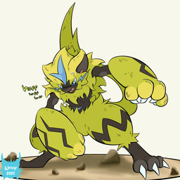 ambiguous_gender anthro battle_damage black_body black_fur blue_eyes bodily_fluids breath fangs fighting_pose fur panting pose solo sweat teeth yellow_body yellow_fur weisyr nintendo pokemon generation_7_pokemon legendary_pokemon pokemon_(species) zeraora 1:1 hi_res