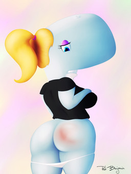 anthro big_breasts big_butt blonde_hair blue_eyes breasts butt clothing eyelashes female hair huge_butt nipple_outline panties reddened_butt solo spank_marks underwear sirredbenjamin nickelodeon spongebob_squarepants pearl_krabs aquatic cetacean mammal physeteroid sperm_whale toothed_whale whale 3:4 hi_res