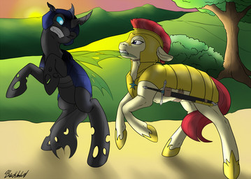 armor bite duo female feral fight male melee_weapon sunset sword weapon backlash91 conditional_dnp friendship_is_magic hasbro my_little_pony royal_guard_(mlp) arthropod changeling_(mlp) earth_pony equid equine horse insect mammal pony digital_media_(artwork)