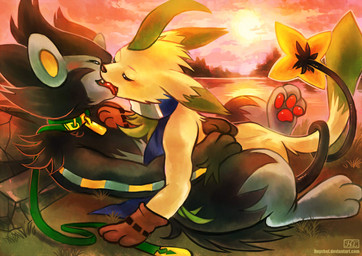 ambiguous_gender collar duo eyes_closed feral feral_on_feral french_kissing kissing leash love open_mouth romantic romantic_ambiance sunset tongue tongue_out haychel nintendo pokemon kingatrandom_(kar) leacrea eeveelution felid generation_4_pokemon leafeon luxray mammal pokemon_(species) digital_media_(artwork)