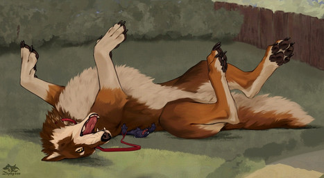 anthro black_body black_claws black_fur black_pawpads claws collar detailed_background digitigrade duo fangs fence feral fluffy fluffy_tail fur grass happy hedge larger_feral laugh lawn laying_on_another leash leashed_collar lying male on_back on_grass on_ground open_mouth pavement pawpads pinned pinned_by_body pinned_to_ground plant playful pointy_ears public red_collar red_leash shrub size_difference smaller_anthro tail teeth tongue whiskers yellow_eyes zephyxus coal_(samt517) gausswolf canid canine canis mammal wolf 2026 signature