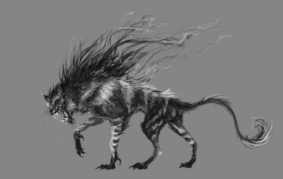 ambiguous_gender bodily_fluids claws dewclaw digitigrade feral finger_claws fur grey_background looking_at_viewer open_mouth pose quadruped saliva side_view simple_background solo standing striped_arms striped_legs tail tail_tuft toe_claws tuft tusks whiskers happykaiju felid mammal 2025 digital_drawing_(artwork) digital_media_(artwork) full-length_portrait greyscale hi_res monochrome portrait