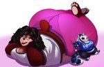 anthro big_breasts big_butt bodily_fluids bottomwear breasts bubble butt claws clothed clothing drooling duo eyewear fangs female fur glasses hair hand_on_face hand_on_hip huge_butt huge_thighs hyper hyper_butt hyper_thighs leaning leaning_backward looking_aside lying morbidly_obese obese on_front open_mouth overweight pants paws saliva saliva_string shirt short_stack size_difference sleeping snoring snot snot_bubble spread_legs spreading teeth text thick_thighs tongue topwear whiskers shenzel baldur_(shenzel) shenzel_(shenzel) bear domestic_cat felid feline felis mammal 2021 hi_res