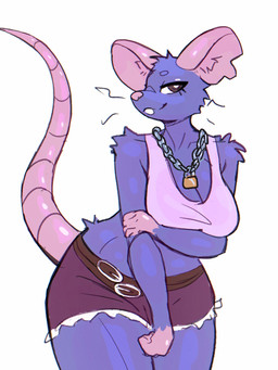 anthro big_breasts bottomwear breast_squish breasts buckteeth chain_necklace clothing crooked_whiskers crop_top daisy_dukes denim denim_bottomwear denim_clothing denim_shorts female front_view fur hairless_tail hotpants jewelry lock necklace notched_ear padlock purple_body purple_fur shirt shorts smile solo squish teeth thick_thighs topwear wide_hips zambian mammal murid murine rat rodent hi_res