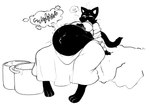 anthro bed belly big_belly big_breasts black_body black_fur breasts female food fur furniture hand_on_belly open_mouth simple_background sitting solo sound_effects soup stuffing tail text thick_thighs sinfullapis microsoft the_elder_scrolls tuna_(sinfullapis) tuna_nirnroot domestic_cat felid feline felis khajiit mammal monochrome