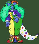 alternate_color anthro big_hair clothing clown clown_costume clown_shoes color_change female fluffy fluffy_hair fool's_hat gold_(metal) gold_tooth hair handpaw hat headgear headwear jester long_legs mane markings messy_hair multicolored_body multicolored_eyes paws polka_dots reptile_tail round_ears solo spots spotted_markings thick_thighs wide_hips deermary epilepsy_warning byarx_(deermary) alligator alligatorid crocodilian felid hybrid hyena lion mammal pantherine reptile scalie animated hi_res short_playtime