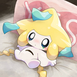 ambiguous_gender ambiguous_humanoid bed belly_eye blush furniture high-angle_view lying lying_on_bed multicolored_body on_back on_bed pillow solo three-quarter_view two_tone_body white_body yellow_body yes-no_pillow yes_pillow lucky777 nintendo pokemon generation_3_pokemon humanoid jirachi legendary_pokemon pokemon_(species) 1:1 2026 absurd_res cel_shading digital_drawing_(artwork) digital_media_(artwork) hi_res meme shaded