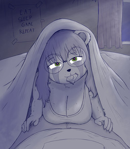 anthro bedroom bedroom_eyes big_breasts biped bottomwear breasts cleavage clothed clothing condom condom_in_mouth duo eyewear female first_person_view fur fur_markings glasses green_eyes hair heart_eyes heart_symbol hoodie inside long_hair looking_at_viewer markings mouth_hold narrowed_eyes object_in_mouth on_top pants poster seductive sexual_barrier_device shirt topwear wearing_glasses pabord ritsuko_(pabord) bear giant_panda mammal 2025 absurd_res digital_drawing_(artwork) digital_media_(artwork) hi_res signature
