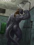 2018 anthro biceps brown_hair butt dragon dutch_angle green_eyes hair hi_res inside long_hair male muscular muscular_anthro muscular_male mythological_creature mythological_scalie mythology nude pose rear_view scalie shower slash_freezen solo standing tail towel water wet