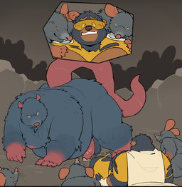 anthro balls belly big_belly black_body bodily_fluids chubby_cheeks genital_fluids genitals group kemono male moobs nipples overweight overweight_male penis precum superhero visor worried quanjiang superhero_dog_(quanjiang) canid canine canis domestic_dog mammal murid murine rat rodent 2024 absurd_res hi_res