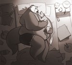 ambiguous_gender anthro bed bedroom bedroom_eyes belly big_belly blush boxers_(clothing) boxers_only cheek_tuft clothed clothes_on_floor clothing cuddling dishes duo facial_tuft furniture holding_partner hug imminent_sex larger_male looking_at_another love_handles lying male moobs narrowed_eyes obese obese_anthro obese_male on_side overweight overweight_anthro overweight_male seductive size_difference smaller_ambiguous smile thick_arms thick_thighs topless tuft underwear underwear_only undressed animal_math mammal mustelid musteline otter true_musteline weasel 2022 greyscale monochrome