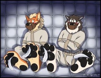 4_toes anthro barefoot bdsm blush bodily_fluids bondage bound captured countershade_feet countershading cuff_(restraint) dungeon duo feet foot_fetish foot_focus gag laugh leather leather_cuffs male muzzle_(object) padded_room pawpads paws plantigrade prisoner restrained restraints sitting soles straitjacket submissive submissive_male sweat tickle_torture tickling toes observer14 vir-no-vigoratus nintendo pokemon flint_morris_(theobserver14) mark_robinson arcanine canid canine canis domestic_dog generation_1_pokemon husky mammal nordic_sled_dog pokemon_(species) spitz