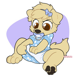 accessory anthro baby black_pawpads bow_(feature) bow_ribbon brown_eyes clothed clothing clothing_pull diaper diaper_under_clothing feet female fur hair hair_accessory hair_bow hair_ribbon object_in_mouth onesie pacifier pacifier_in_mouth pawpads paws ribbons shirt simple_background sitting solo spread_legs spreading tail tan_body tan_fur toddler topwear wearing_diaper yellow_body yellow_fur young young_anthro young_female pupspace lilla_lagan_(firebreath) bird_dog canid canine canis domestic_dog golden_retriever hunting_dog mammal retriever 2024 digital_media_(artwork)