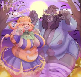 5_fingers anthro anthro_focus belly belly_overhang big_breasts black_hair bottomwear breasts brown_eyes brown_horn cleavage clothed clothing colored_nails curvy_figure cutout dress duo duo_focus female female_anthro fingernails fingers food freckled_face freckles fruit glistening glistening_breasts glistening_hair grey_clothing grey_fingernails grey_horn grey_nails grey_shirt grey_topwear group hair hair_over_eye hat headgear headwear holidays horizontal_pupils horn huge_breasts jack-o'-lantern looking_at_viewer moon nails navel_cutout navel_outline night open_mouth orange_clothing orange_dress outside overweight overweight_anthro overweight_female plant pose pumpkin pumpkin_hat pupils purple_bottomwear purple_clothing purple_skirt raised_tail shirt skirt smile standing tail tail_tuft thick_thighs tight_clothing topwear torn_clothing torn_shirt torn_topwear tree tuft voluptuous voluptuous_anthro voluptuous_female wide_hips sasanoha6011 halloween bat bovid bovine cattle mammal 2021 absurd_res hi_res
