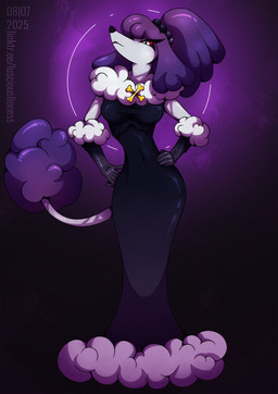 anthro armwear breasts clothed clothing dress female fur gloves hair handwear legwear looking_at_viewer simple_background slim slim_anthro slim_female solo tail tight_clothing lusciouslioness hellaverse helluva_boss mythology canid canid_demon canine canis demon domestic_dog hellhound mammal mythological_canine mythological_creature poodle 2025 digital_media_(artwork) hi_res