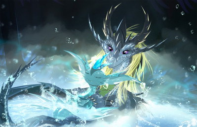 bath bathing blonde_hair duo female hair long_ears male purple_eyes scales water white_body white_scales wings telleryspyro mythology alveces_(psionic_annor) azaries_amnera psionic_ahnor_(heralds_of_the_avirentes) dragon mythological_creature mythological_scalie scalie hi_res