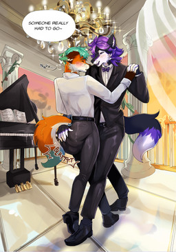 5_fingers anthro ballroom belt blush chandelier chin_tuft clothed clothing collared_shirt dancing dialogue diaper diaper_under_clothing dipstick_ears dipstick_tail dress_pants dress_shirt duo ear_markings ear_piercing ear_ring eyebrows eyelashes eyes_closed facial_tuft feces feces_bulge fingers footwear formal_wear gloves_(marking) grand_piano humanoid_hands interlocked_fingers looking_back male male/male markings motion_lines multicolored_ears onomatopoeia piercing pointy_ears pooping prick_ears ring_piercing rumbling_stomach shirt shoes socks soiled_diaper soiling soiling_diaper sound_effects suit suit_jacket tail tail_markings talking_to_another talking_to_partner text topwear tuft unclean_diaper used_diaper using_diaper wearing_diaper whisker_spots whiskers white_dress_shirt lexxypawz faron_(faronthefox) obsidian_(faronthefox) canid canine canis fox mammal red_fox true_fox wolf english_text hi_res