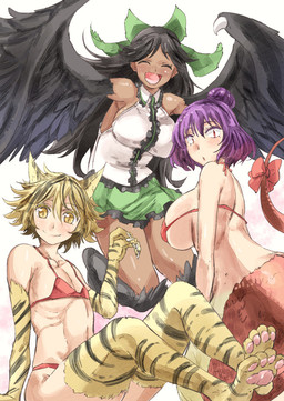 ^_^ accessory animal_arms animal_legs apode big_breasts bikini black_hair blonde_hair bottomwear bow_ribbon breasts claws clothing dark_body dark_skin eyes_closed feathered_wings feathers female flat_chested green_bottomwear green_clothing green_skirt group hair hair_accessory hair_bow hair_bun hair_ribbon legless looking_at_viewer micro_bikini open_mouth open_smile pawpads paws purple_hair red_bikini red_clothing red_swimwear ribbons serpentine shirt simple_background skirt smile split_form swimwear topwear trio two-piece_swimsuit white_background white_clothing white_shirt white_topwear wing_claws wings xd yellow_eyes yohane european_mythology greek_mythology mythology touhou kanako_yasaka shou_toramaru utsuho_reiuji animal_humanoid avian avian_humanoid draconcopode felid felid_humanoid harpy harpy_humanoid humanoid lamia mammal mammal_humanoid mythological_avian mythological_creature pantherine pantherine_humanoid reptile scalie snake tiger_humanoid