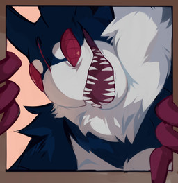 ambiguous_gender anthro arm_tuft blue_body blue_fur border brown_border chest_tuft compound_eyes dark_body dark_fur front_view fur nude open_mouth red_eyes red_tongue sharp_teeth shoulder_tuft simple_background solo teeth tongue tuft unsigned white_body white_fur corzh77 species_request absurd_res bust_portrait hi_res portrait