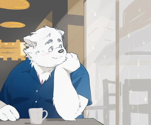 anthro clothing container cup detailed_background humanoid_hands inside kemono male mug overweight overweight_male raining shirt sitting solo topwear inunoshippo canid canine canis domestic_dog mammal 2023 hi_res