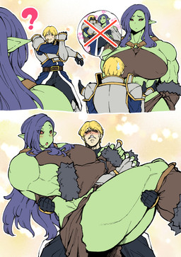 big_breasts black_hair black_sclera blonde_hair blush breasts butt carrying_another duo embarrassed eyes_closed female green_body green_skin hair happy heart_symbol huge_breasts knight larger_female larger_humanoid long_hair male male/female monster_girl_(genre) muscular muscular_female muscular_humanoid nipple_outline not_furry pupils red_eyes size_difference smaller_human smaller_male thought_bubble warrior white_pupils amano_jack human humanoid mammal orc 2018 comic pictographics