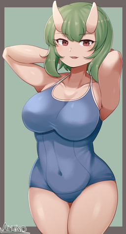 big_breasts biped breasts clothed clothing eyebrow_through_hair eyebrows female glistening glistening_eyes glistening_hair green_hair hair horn looking_at_viewer navel not_furry one-piece_swimsuit open_mouth red_eyes simple_background smile solo standing swimwear tight_clothing translucent translucent_hair arumo horned_humanoid humanoid 2020 hi_res source_request unavailable_at_source