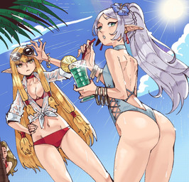 accessory beverage bikini blonde_hair bracelet breasts butt butt_from_the_front clothing collarbone duo ear_piercing eyebrows eyelashes eyewear eyewear_on_head female flower flower_in_hair green_eyes hair hair_accessory humanoid_pointy_ears jewelry navel not_furry one-piece_swimsuit outside piercing plant pointy_ears red_bikini red_clothing red_swimwear shirt sun sunglasses sunglasses_on_head swimwear tied_shirt topwear two-piece_swimsuit white_hair yellow_eyes wanderjegson frieren_beyond_journey's_end frieren serie_(frieren) elf humanoid 2025 digital_media_(artwork)
