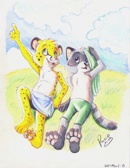 anthro black_eyes bottomwear clothed clothing cloud duo facial_spots front_view fur gesture glistening glistening_eyes green_bottomwear green_clothing green_eyes green_pants grey_body grey_fur hand_gesture logo looking_up male male_anthro open_mouth open_smile outside pants pointing pointing_up sitting smile spotted_arms spotted_face spotted_legs topless white_body white_fur yellow_body yellow_fur young young_anthro young_male pandapaco art_(pandapaco) salmy cheetah felid feline mammal procyonid raccoon 2011 artist_logo dated signature