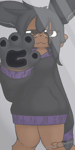 against_surface anthro black_clothing black_ears black_hair black_hoodie black_topwear brown_body brown_eyes brown_fur clothing eye_bags female fur hair hoodie looking_at_viewer on_glass smile solo standing text topwear alator rikki_(alator) macropod mammal marsupial wallaby colored digital_drawing_(artwork) digital_media_(artwork) hi_res shaded signature url trans_(lore) trans_woman_(lore)