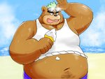 anthro belly bodily_fluids brown_body brown_fur clothing dessert eyewear food fur humanoid_hands ice_cream male navel outside overweight overweight_anthro overweight_male shirt solo sunglasses sweat tank_top topwear water bullbluedog lifewonders tokyo_afterschool_summoners ashigara_(tas) bear mammal 2017 hi_res