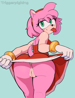 accessory anthro anus bracelet butt clothed clothing clothing_lift dress dress_lift female flashing_butt fur genitals gloves green_eyes hair_accessory hairband handwear jewelry looking_back narrowed_eyes no_underwear pink_body pink_fur simple_background smile smirk solo tail teal_background tongue tongue_out vulva triggerpigart sega sonic_the_hedgehog_(series) amy_rose eulipotyphlan hedgehog mammal absurd_res hi_res
