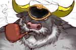 anthro beard clothing covered_eye elderly facial_hair hat headgear headwear horn male mature_anthro mature_male mustache pipe simple_background smoke smoking solo white_background tenjo_k lifewonders tokyo_afterschool_summoners ahab_(tas) bovid bovine cape_buffalo mammal bust_portrait hi_res portrait