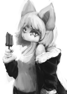 4_fingers anthro bangs black_bottomwear black_clothing black_pants bottomwear clothed clothing facial_markings female fingers food fully_clothed fur hair head_markings holding_food holding_object jacket looking_at_viewer markings mouth_closed pants popsicle shirt solo standing tank_top topwear white_body white_clothing white_ears white_fur white_hair hooki felid feline mammal character_request hi_res monochrome