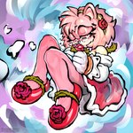 1:1 amy_rose anthro armwear bare_legs bodily_fluids clothed clothing elbow_gloves eulipotyphlan female floating floral_clothing flower footwear gloves hair handwear heavyrivet hedgehog holding_flower holding_object hologram mammal messy_hair pink_hair plant rose_(flower) sega shoes slippers sonic_the_hedgehog_(series) tears weightlessness